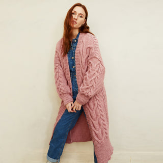Cable Balloon Sleeve Maxi Cardigan - Dusty Pink