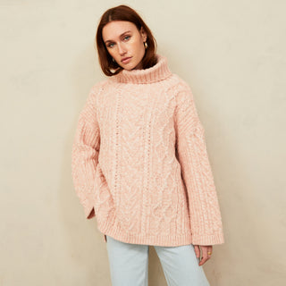 Cable Roll Neck Tunic Jumper - Dusty Pink