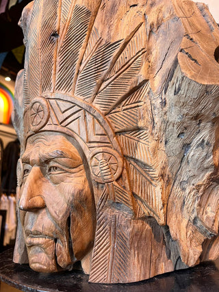 Native Chief Headdress Sculpture Hand Carved Teak Wood - Natural (50x25x60 cm)