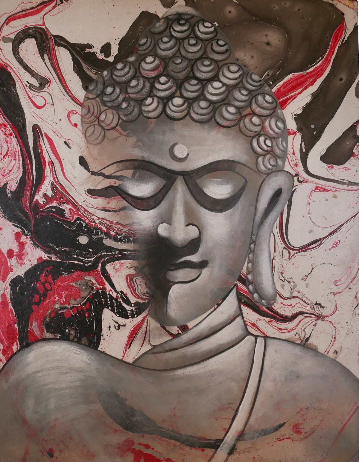“Inhaling Buddha Head” Painting in Grey, Black and Red on White – Acrylic on Canvas (70x90 cm)
