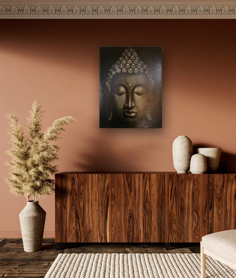 “Tranquil Buddha Head” Painting, Grey on Black – Acrylic on Canvas (60x80 cm)