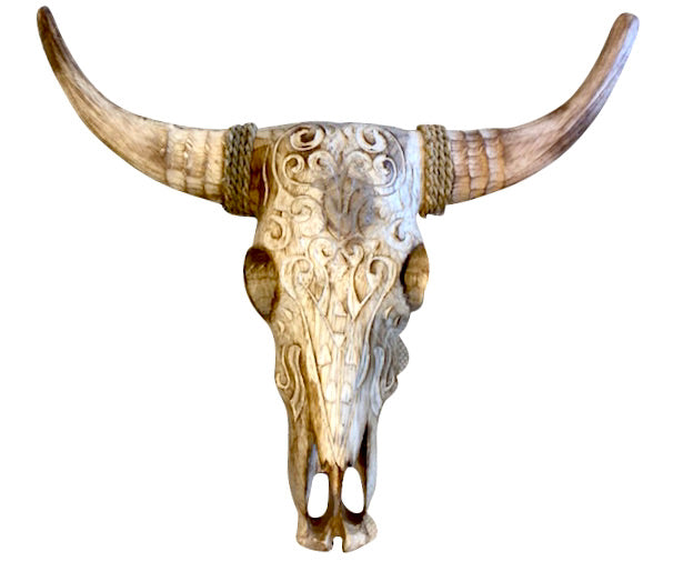 Carved Tribal Vegan Cow Skull Wall Hanging - Wood (M, L) - Natural Colour