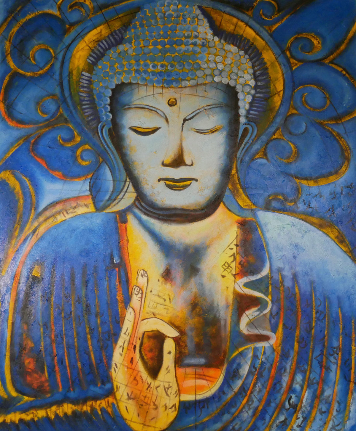 Dharmachakra Teaching Buddha, Blue and Golden Yellow – Acrylic on Canvas (100x120 cm)