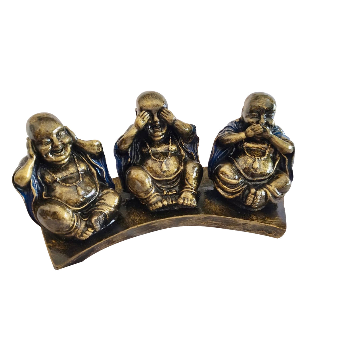 3 Wise Happy Buddhas, Hear See Speak No Evil, on Curved Base