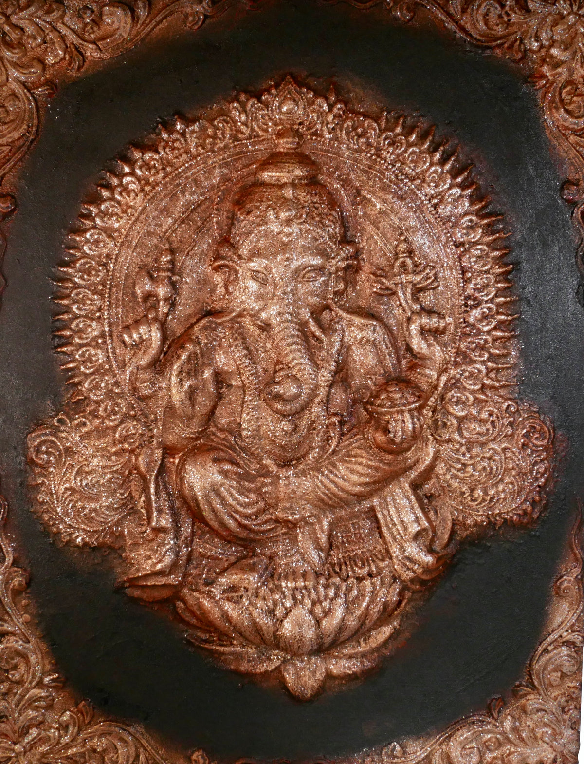 3D Vastu Ganesha Seated on Lotus Textured Painting, Metallic Bronze on Black – Mixed Media on Canvas (70x90 cm)