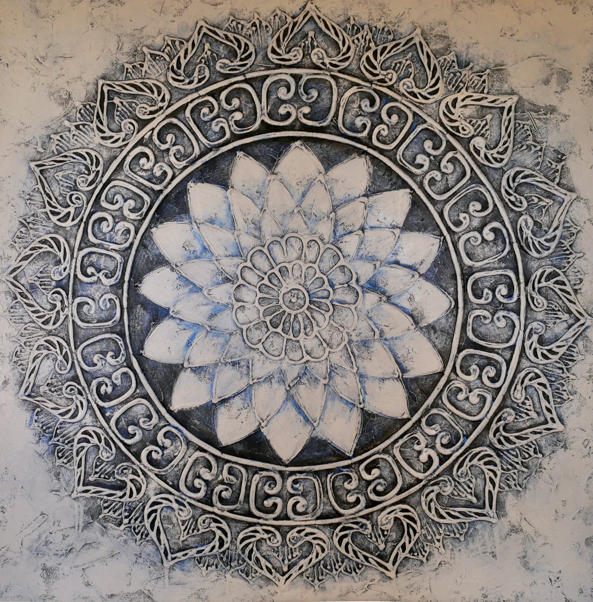 16 Petal Lotus Flower Throat Chakra Mandala Textured Painting, White and Blue -- Acrylic on Canvas (100x100 cm)