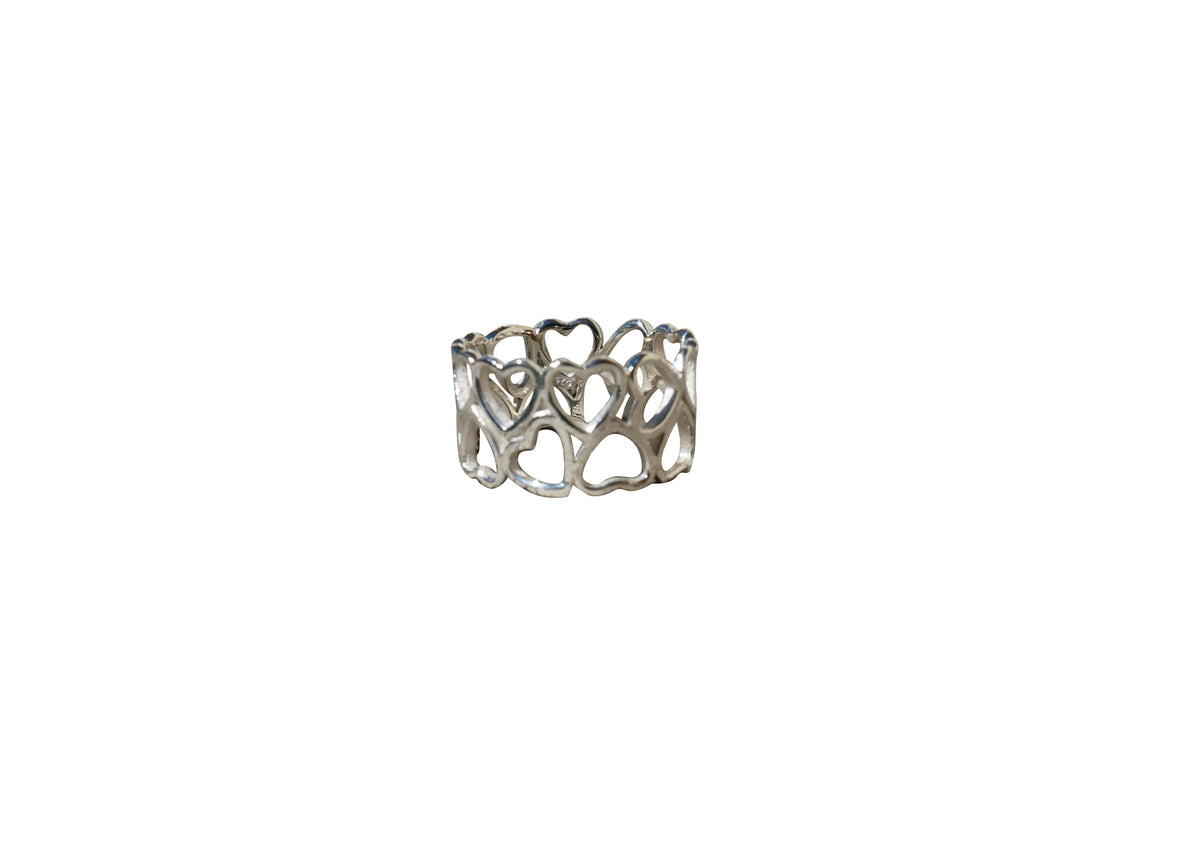 Linked Openwork Hearts Wide Band Ring - Sterling Silver (8.5)