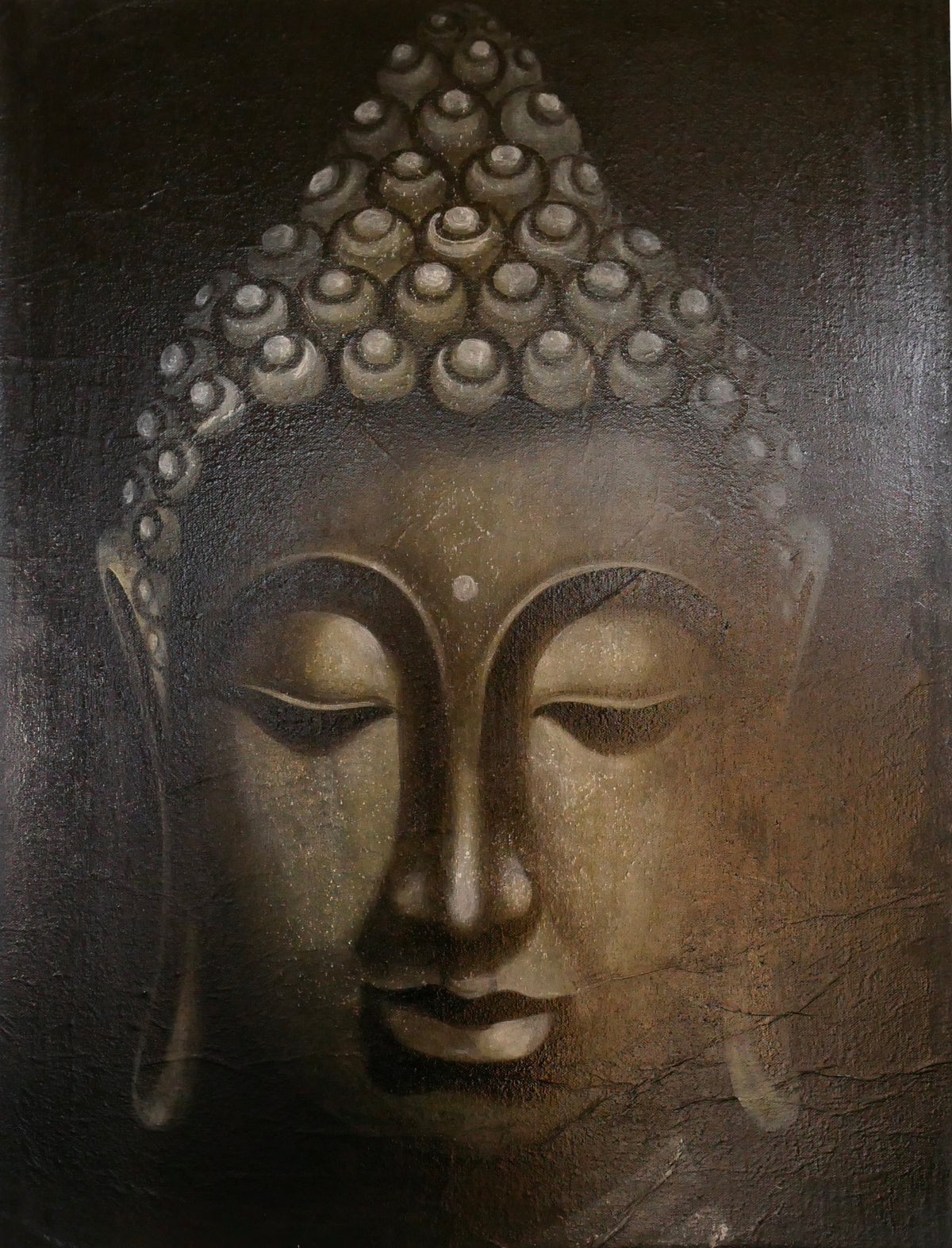 “Tranquil Buddha Head” Painting, Grey on Black – Acrylic on Canvas (60x80 cm)