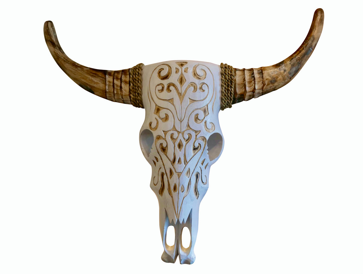 Carved Tribal Cow Skull Wall Hanging - Wood (M, L)