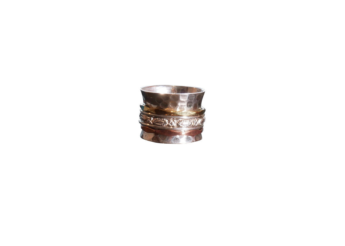 Meditation Spinner Ring - 3 Tones with 5 Spinners (Sterling Silver, Golden Brass, Copper)