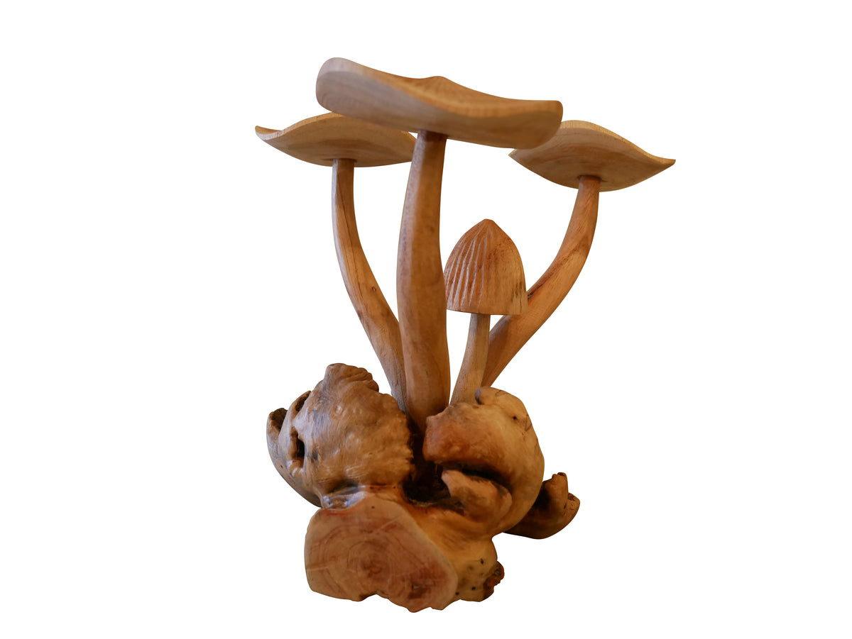 Whimsical Mushroom Cluster Sculpture - Suar Wood (20x20 cm)
