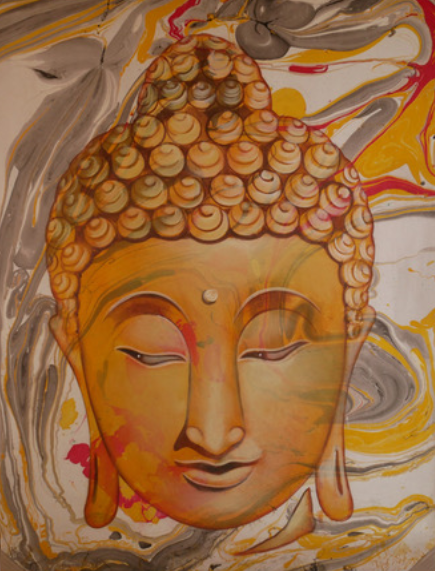 “Buddha Learns the Secret” Painting in Yellow, Red and Grey on White – Acrylic on Canvas (70x90 cm)